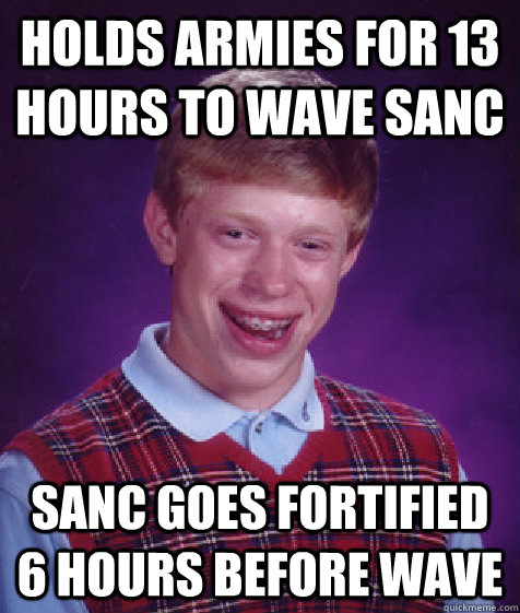 Holds armies for 13 hours to wave sanc sanc goes fortified 6 hours before wave - Holds armies for 13 hours to wave sanc sanc goes fortified 6 hours before wave  Bad Luck Brian