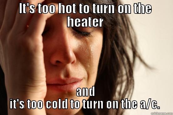 IT'S TOO HOT TO TURN ON THE HEATER AND IT'S TOO COLD TO TURN ON THE A/C.  First World Problems