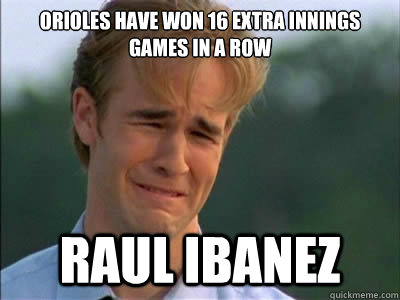 Orioles have won 16 Extra Innings Games in a Row Raul Ibanez  