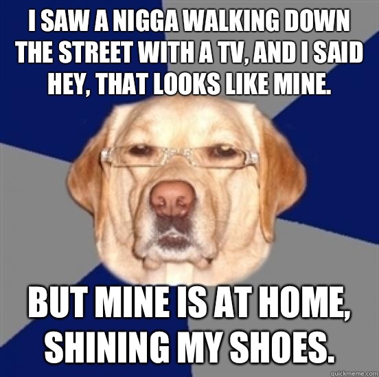 I saw a nigga walking down the street with a TV, and I said hey, that looks like mine. But mine is at home, shining my shoes. - I saw a nigga walking down the street with a TV, and I said hey, that looks like mine. But mine is at home, shining my shoes.  Racist Dog
