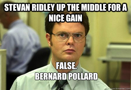 Stevan Ridley up the middle for a nice gain FALSE.
Bernard pollard - Stevan Ridley up the middle for a nice gain FALSE.
Bernard pollard  Dwight Schrute Knows Best