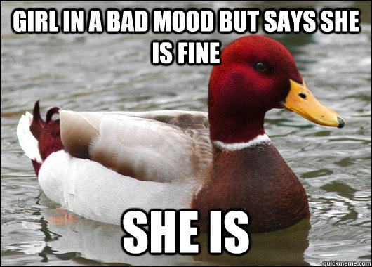 Girl In a bad mood but says she is fine she is  Malicious Advice Mallard