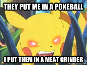 They put me in a pokeball I put them in a meat grinder  Demented Pikachu