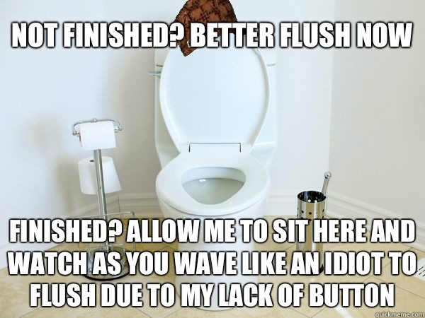 Not finished? Better flush now Finished? Allow me to sit here and watch as you wave like an idiot to flush due to my lack of button  Scumbag Toilet