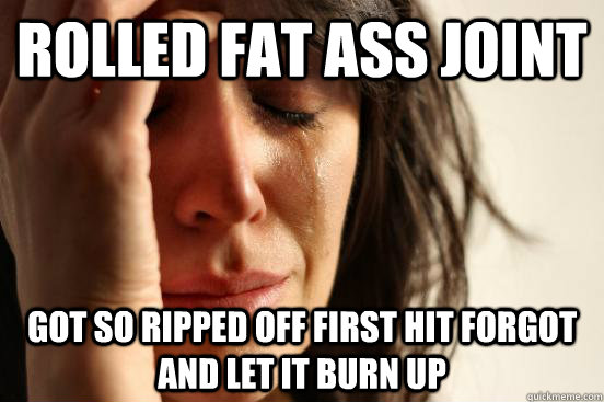 ROLLED FAT ASS JOINT GOT SO RIPPED OFF FIRST HIT FORGOT AND LET IT BURN UP  First World Problems