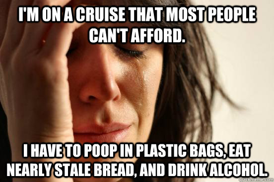 i'm on a cruise that most people can't afford. I have to poop in plastic bags, eat nearly stale bread, and drink alcohol.  First World Problems