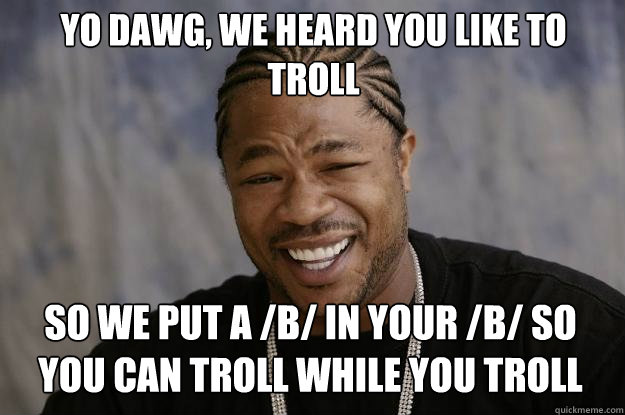 Yo Dawg, we heard you like to troll So we put a /b/ in your /b/ so you can troll while you troll  Xzibit meme