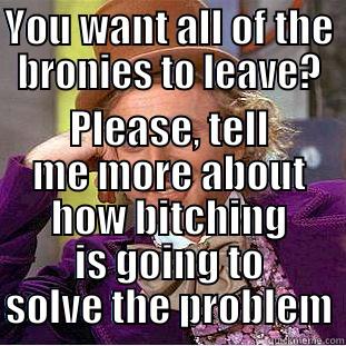 YOU WANT ALL OF THE BRONIES TO LEAVE? PLEASE, TELL ME MORE ABOUT HOW BITCHING IS GOING TO SOLVE THE PROBLEM Condescending Wonka