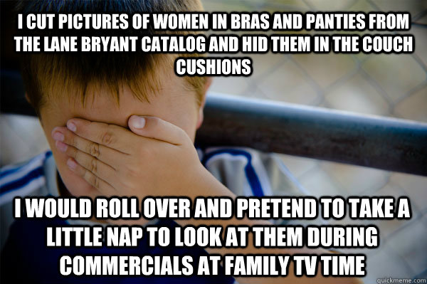 I cut pictures of women in bras and panties from the lane bryant catalog and hid them in the couch cushions I would roll over and pretend to take a little nap to look at them during commercials at family tv time - I cut pictures of women in bras and panties from the lane bryant catalog and hid them in the couch cushions I would roll over and pretend to take a little nap to look at them during commercials at family tv time  Confession kid