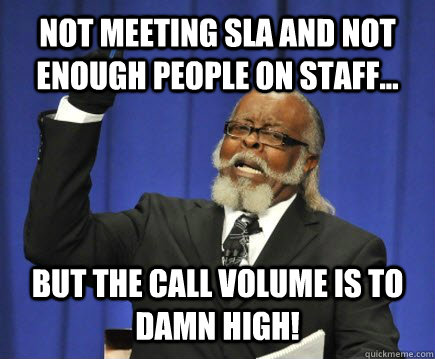 Not meeting SLA and not enough people on staff... But the call volume is to damn high! - Not meeting SLA and not enough people on staff... But the call volume is to damn high!  Too Damn High