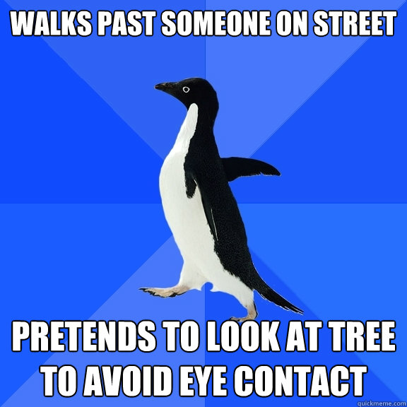walks past someone on street pretends to look at tree to avoid eye contact  Socially Awkward Penguin
