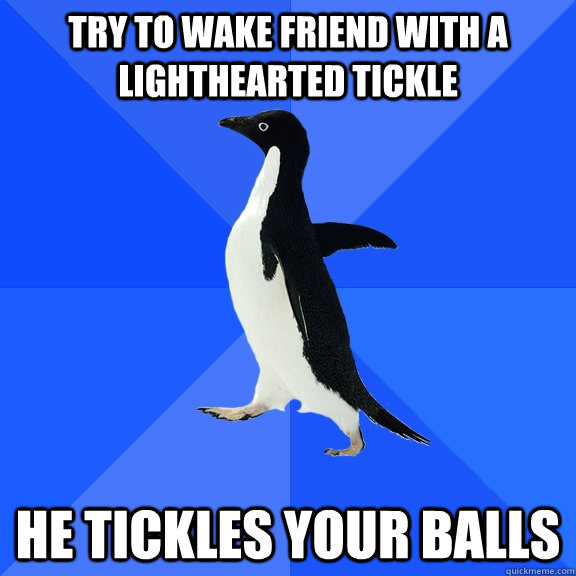Try to wake friend with a lighthearted tickle he tickles your balls  Socially Awkward Penguin