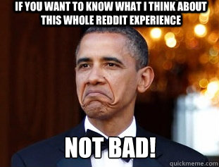 IF YOU WANT TO KNOW WHAT I THINK ABOUT THIS WHOLE REDDIT EXPERIENCE NOT BAD!  Not Bad Obama