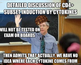 Detailed discussion of CD4+ Subset Induction by Cytokines Then admits that actually, we have no idea where each cytokine comes from WILL NOT BE TESTED ON EXAM OR BOARDS  Scumbag Professor