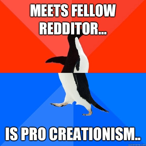 Meets fellow redditor... Is pro creationism..  Socially Awesome Awkward Penguin