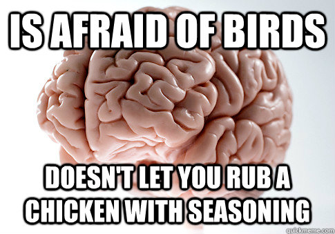 Is afraid of birds Doesn't let you rub a chicken with seasoning Doesn't let you rub a chicken with seasoning  Scumbag Brain