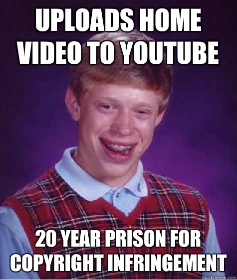 Uploads home video to YouTube  20 year prison for copyright infringement   Bad Luck Brian