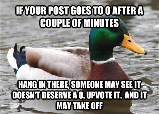 IF YOUR POST GOES TO 0 AFTER A COUPLE OF MINUTES HANG IN THERE, SOMEONE MAY SEE IT DOESN'T DESERVE A 0, UPVOTE IT,  AND IT MAY TAKE OFF  Actual Advice Mallard