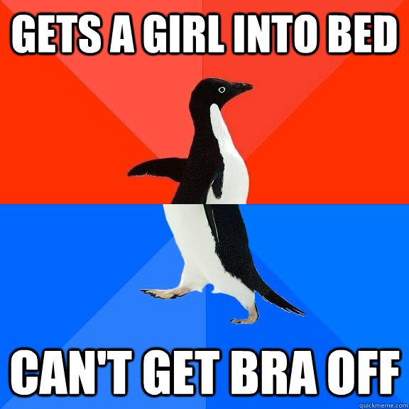 Gets a girl into bed can't get bra off - Gets a girl into bed can't get bra off  Socially Awesome Awkward Penguin