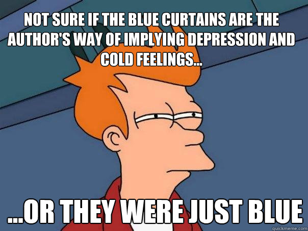 Not sure if the blue curtains are the author's way of implying depression and cold feelings... ...or they were just blue - Not sure if the blue curtains are the author's way of implying depression and cold feelings... ...or they were just blue  Futurama Fry