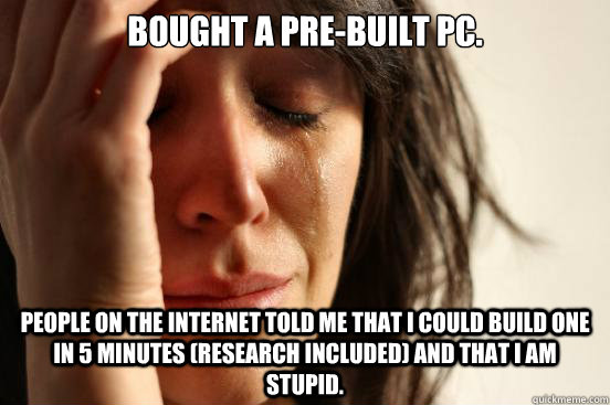 Bought a Pre-built PC. People on the internet told me that I could build one in 5 minutes (research included) and that I am stupid.   First World Problems