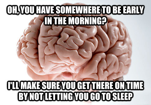 OH, YOU HAVE SOMEWHERE TO BE EARLY IN THE MORNING? I'LL MAKE SURE YOU GET THERE ON TIME BY NOT LETTING YOU GO TO SLEEP  untitled meme
