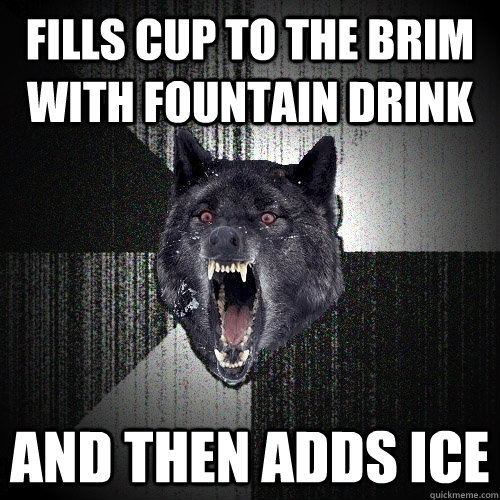 Fills cup TO THE BRIM with fountain drink And then ADDS Ice  Insanity Wolf