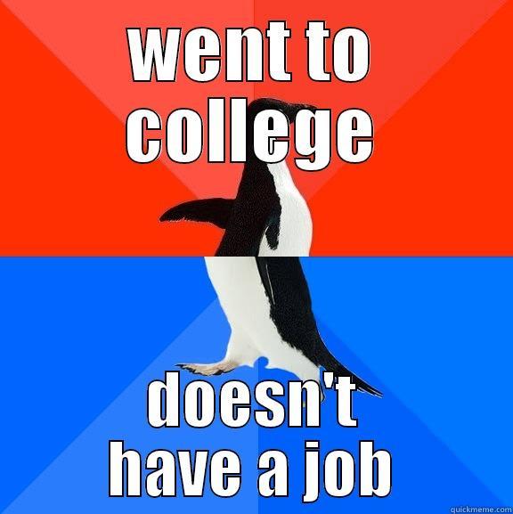 sad reality - WENT TO COLLEGE DOESN'T HAVE A JOB Socially Awesome Awkward Penguin