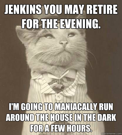 Jenkins you may retire for the evening. I'm going to maniacally run around the house in the dark for a few hours. - Jenkins you may retire for the evening. I'm going to maniacally run around the house in the dark for a few hours.  Aristocat