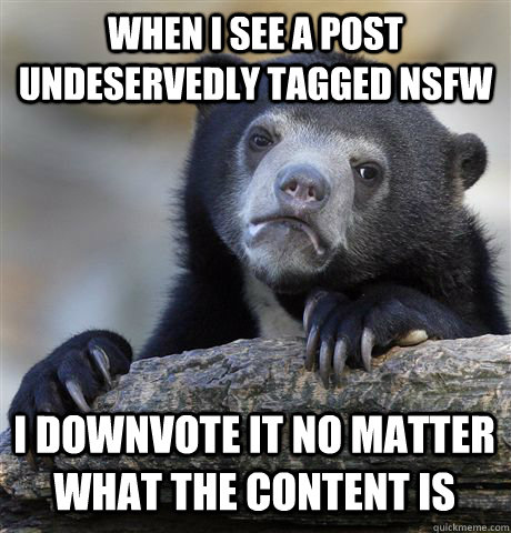 WHEN I SEE A POST UNDESERVEDLY TAGGED NSFW I DOWNVOTE IT NO MATTER WHAT THE CONTENT IS  Confession Bear