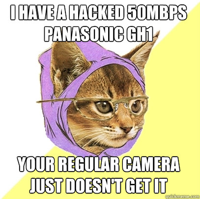 I have a hacked 50mbps Panasonic GH1 Your regular camera just doesn't get it  Hipster Kitty