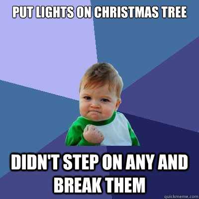 Put lights on Christmas tree Didn't step on any and break them  Success Kid
