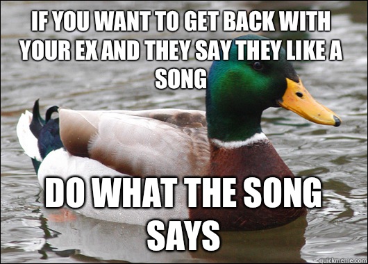 If you want to get back with your ex and they say they like a song do what the song says  Actual Advice Mallard