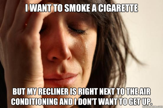 I WANT TO SMOKE A CIGARETTE BUT MY RECLINER IS RIGHT NEXT TO THE AIR CONDITIONING AND I DON'T WANT TO GET UP.  First World Problems