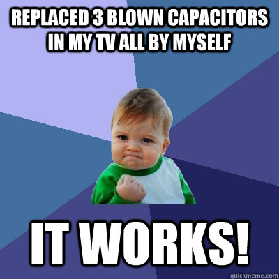 replaced 3 blown capacitors in my TV all by myself it works!  Success Kid
