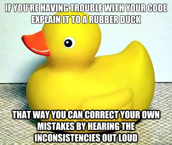 If you're having trouble with your code
Explain it to a rubber duck  That way you can correct your own mistakes by hearing the inconsistencies out loud  