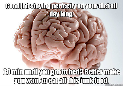 Good job staying perfectly on your diet all day long. 30 min until you got to bed? Better make you want to eat all this junk food.   Scumbag Brain