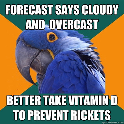 FORECAST SAYS cloudy and  OVERCAST BETTER TAKE VITAMIN D TO PREVENT RICKETS  Paranoid Parrot