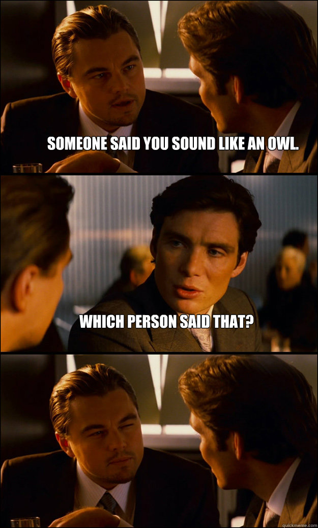 Someone said you sound like an owl. Which person said that?  - Someone said you sound like an owl. Which person said that?   Inception