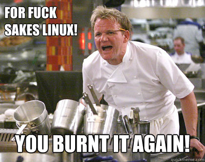 For fuck 
sakes Linux! you burnt it again!  Ramsay Gordon Yelling
