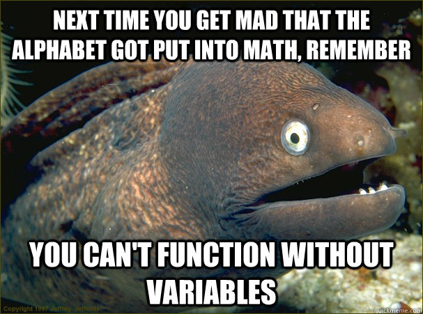Next time you get mad that the alphabet got put into math, remember You can't function without variables - Next time you get mad that the alphabet got put into math, remember You can't function without variables  Bad Joke Eel