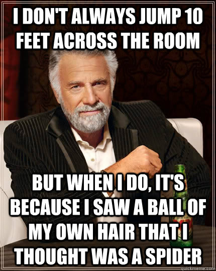 I don't always jump 10 feet across the room but when I do, it's because I saw a ball of my own hair that I thought was a spider  The Most Interesting Man In The World