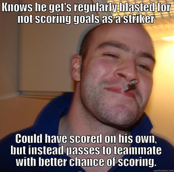 KNOWS HE GET'S REGULARLY BLASTED FOR NOT SCORING GOALS AS A STRIKER COULD HAVE SCORED ON HIS OWN, BUT INSTEAD PASSES TO TEAMMATE WITH BETTER CHANCE OF SCORING. Good Guy Greg 