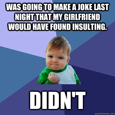 Was going to make a joke last night that my girlfriend would have found insulting. DIDn't  Success Kid