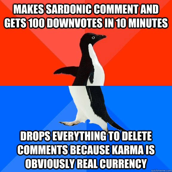 mAKES SARDONIC COMMENT AND GETS 100 DOWNVOTES IN 10 MINUTES DROPS EVERYTHING TO DELETE COMMENTS BECAUSE KARMA IS OBVIOUSLY REAL CURRENCY  Socially Awesome Awkward Penguin