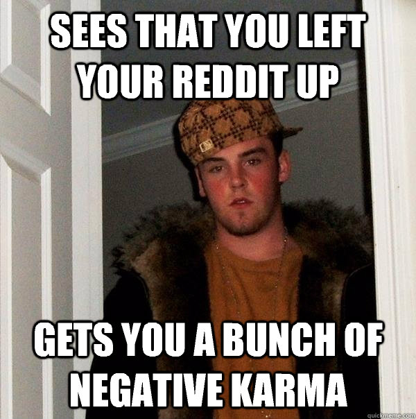 Sees that you left your Reddit up Gets you a bunch of negative karma  Scumbag Steve