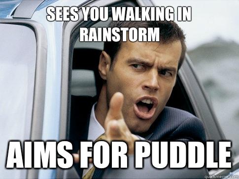 sees you walking in rainstorm aims for puddle  