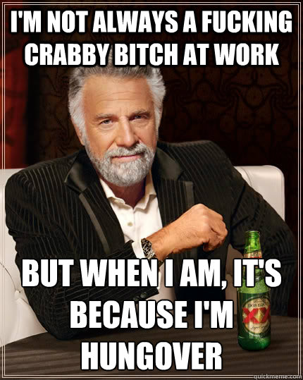 I'm not always a fucking crabby bitch at work But when I am, it's because I'm hungover - I'm not always a fucking crabby bitch at work But when I am, it's because I'm hungover  The Most Interesting Man In The World