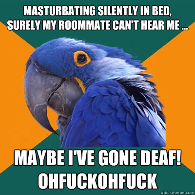 Masturbating silently in bed, surely my roommate can't hear me ... Maybe I've gone deaf! ohfuckohfuck  Paranoid Parrot