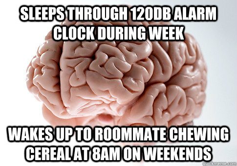 sleeps through 120db alarm clock during week wakes up to roommate chewing cereal at 8am on weekends  Scumbag Brain